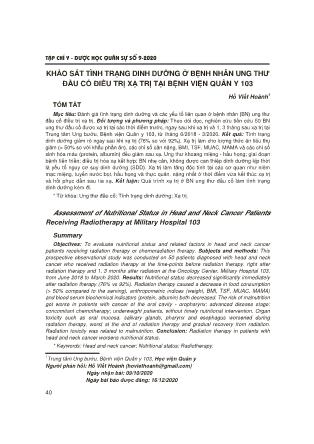 Khảo sát tình trạng dinh dưỡng ở bệnh nhân ung thư đầu cổ điều trị xạ trị tại Bệnh viện Quân Y 103 Khảo sát tình trạng dinh dưỡng ở bệnh nhân ung thư đầu cổ điều trị xạ trị tại Bệnh viện Quân Y 103