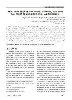 Khẩu phần thực tế của phụ nữ trong độ tuổi sinh sản tại xã Cổ Loa, Đông Anh, Hà Nội năm 2018