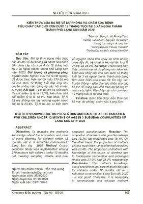 Kiến thức của bà mẹ về dự phòng và chăm sóc bệnh tiêu chảy cấp cho con dưới 12 tháng tuổi tại 3 xã ngoại thành thành phố Lạng Sơn năm 2020