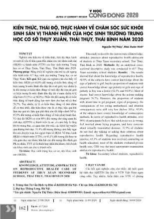 Kiến thức, thái độ, thực hành về chăm sóc sức khỏe sinh sản vị thành niên của học sinh trường trung học cơ sở Thụy Xuân, Thái Thụy, Thái Bình năm 2020