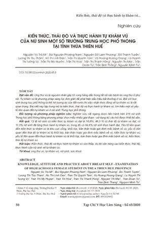 Kiến thức, thái độ và thực hành tự khám vú của nữ sinh một số trường trung học phổ thông tại tỉnh Thừa Thiên Huế Kiến thức, thái độ và thực hành tự khám vú của nữ sinh một số trường trung học phổ thông tại tỉnh Thừa Thiên Huế