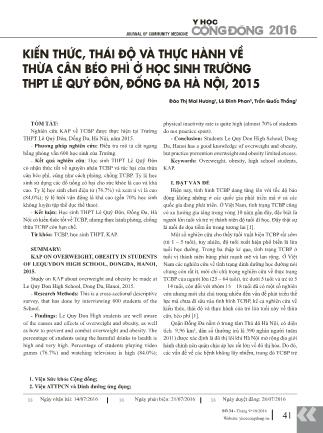 Kiến thức, thái độ và thực hành về thừa cân béo phì ở học sinh trường THPT Lê Quý Đôn, Đống Đa, Hà Nội, 2015 Kiến thức, thái độ và thực hành về thừa cân béo phì ở học sinh trường THPT Lê Quý Đôn, Đống Đa, Hà Nội, 2015