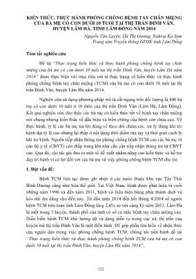 Kiến thức, thực hành phòng chống bệnh tay chân miệng của bà mẹ có con dưới 10 tuổi tại thị trấn Đinh Văn, huyện Lâm Hà, tỉnh Lâm Đồng năm 2014