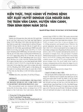 Kiến thức, thực hành về phòng bệnh sốt xuất huyết dengue của người dân thị trấn Vân Canh, huyện Vân Canh, tỉnh Bình Định năm 2016