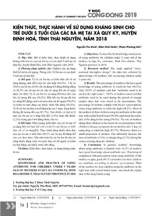 Kiến thức, thực hành về sử dụng kháng sinh cho trẻ dưới 5 tuổi của các bà mẹ tại xã Quy Kỳ, huyện Định Hoá, tỉnh Thái Nguyên, năm 2018