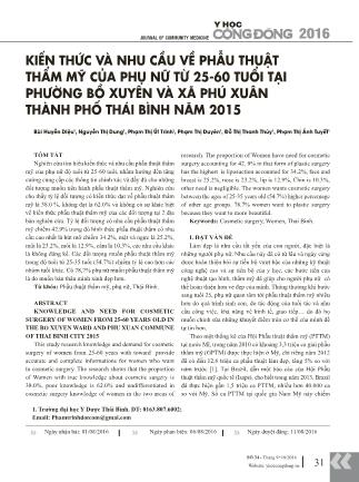 Kiến thức và nhu cầu về phẫu thuật thẩm mỹ của phụ nữ từ 25-60 tuổi tại phường Bồ Xuyên và xã Phú Xuân thành phố thái bình Năm 2015