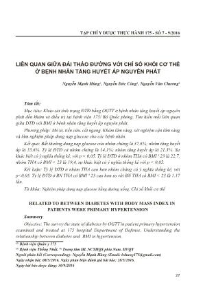 Liên quan giữa đái tháo đường với chỉ số khối cơ thể ở bệnh nhân tăng huyết áp nguyên phát