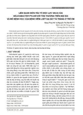 Liên quan giữa yếu tố độc lực vaca của Helicobacter pylori với tổn thương trên nội soi và mô bệnh học của bệnh viêm loét dạ dày tá tràng ở trẻ em