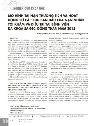 Mô hình tai nạn thương tích và hoạt động sơ cấp cứu ban đầu của nạn nhân tới khám và điều trị tại Bệnh viện đa khoa Sa Đéc, Đồng Tháp, năm 2015 Mô hình tai nạn thương tích và hoạt động sơ cấp cứu ban đầu của nạn nhân tới khám và điều trị tại Bệnh viện đa khoa Sa Đéc, Đồng Tháp, năm 2015