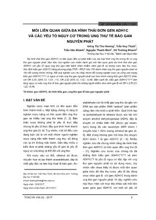 Mối liên quan giữa đa hình thái đơn gen ADH1C và các yếu tố nguy cơ trong ung thư tế bào gan nguyên phát uông thị thu hương1, trần huy thịnh Mối liên quan giữa đa hình thái đơn gen ADH1C và các yếu tố nguy cơ trong ung thư tế bào gan nguyên phát uông thị thu hương1, trần huy thịnh