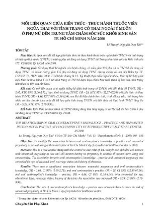 Mối liên quan giữa kiến thức - Thực hành thuốc viên ngừa thai với tình trạng có thai ngoài ý muốn ở phụ nữ đến trung tâm chăm sóc sức khỏe sinh sản TP. Hồ Chí Minh năm 2008