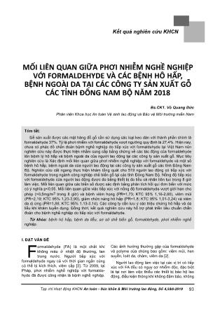 Mối liên quan giữa phơi nhiễm nghề nghiệp với formaldehyde và các bệnh hô hấp, bệnh ngoài da tại các công ty sản xuất gỗ các tỉnh Đông Nam Bộ năm 2018