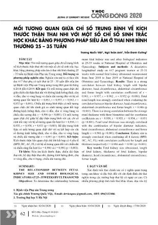 Mối tương quan giữa chỉ số trung bình về kích thước thận thai nhi với một số chỉ số sinh trắc học khác bằng phương pháp siêu âm ở thai nhi bình thường 25-35 tuần