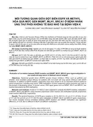 Mối tương quan giữa đột biến egfr và methyl hóa quá mức gen MGMT, MLH1, BRCA1 ở bệnh nhân ung thư phổi không tế bào nhỏ tại bệnh viện K