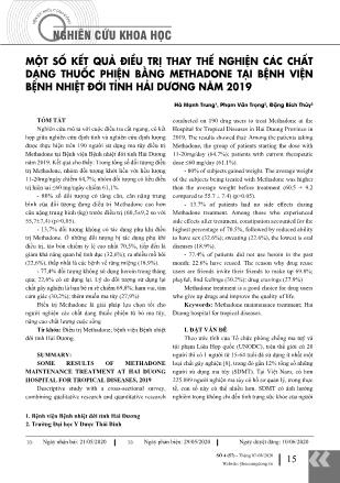 Một số kết quả điều trị thay thế nghiện các chất dạng thuốc phiện bằng methadone tại Bệnh viện Bệnh Nhiệt đới tỉnh Hải Dương năm 2019