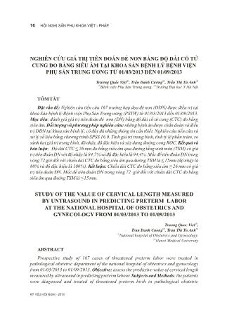 Nghiên cứu giá trị tiên đoán đẻ non bằng độ dài cổ tử cung đo bằng siêu âm tại khoa sản bệnh lý Bệnh viện Phụ sản Trung Ương từ 01/03/2013 đến 01/09/2013