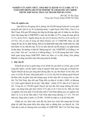 Nghiên cứu kiến thức, thái độ và hành vi của phụ nữ và nam giới trong độ tuổi sinh đẻ về chăm sóc sức khỏe trước khi mang thai tại thành phố đà nẵng