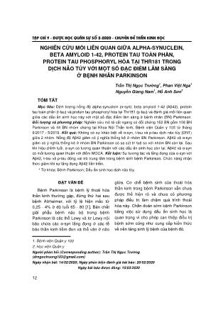 Nghiên cứu mối liên quan giữa alpha-Synuclein, beta amyloid 1-42, protein tau toàn phần, protein tau phosphoryl hóa tại Thr181 trong dịch não tủy với một số đặc điểm lâm sàng ở bệnh nhân Parkinson