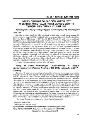 Nghiên cứu một số đặc điểm xuất huyết ở bệnh nhân sốt xuất huyết dengue điều trị tại Bệnh viện Quân y 103 năm 2017 Nghiên cứu một số đặc điểm xuất huyết ở bệnh nhân sốt xuất huyết dengue điều trị tại Bệnh viện Quân y 103 năm 2017