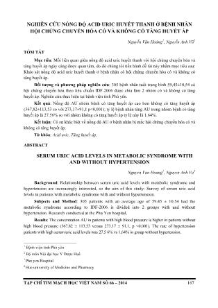 Nghiên cứu nồng độ acid uric huyết thanh ở bệnh nhân hội chứng chuyển hóa có và không có tăng huyết áp