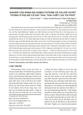 Nghiên cứu nồng độ homocysteine và folate huyết tương ở phụ nữ có sẩy thai, thai chết lưu tái phát