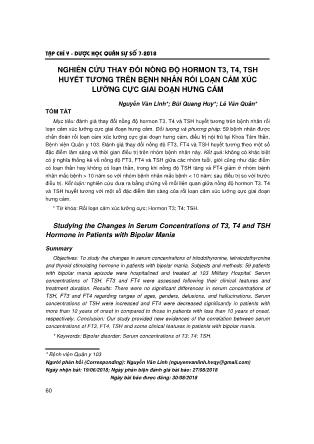 Nghiên cứu thay đổi nồng độ hormon T3, T4, TSH huyết tương trên bệnh nhân rối loạn cảm xúc lưỡng cực giai đoạn hưng cảm Nghiên cứu thay đổi nồng độ hormon T3, T4, TSH huyết tương trên bệnh nhân rối loạn cảm xúc lưỡng cực giai đoạn hưng cảm