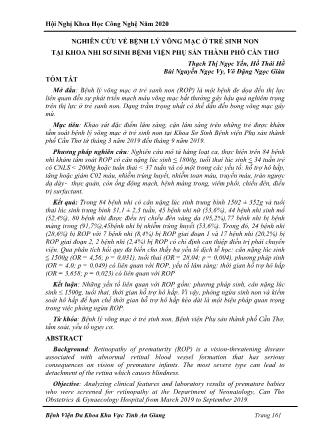 Nghiên cứu về bệnh lý võng mạc ở trẻ sinh non tại khoa nhi sơ sinh Bệnh viện Phụ sản thành phố Cần Thơ