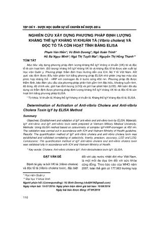 Nghiên cứu xây dựng phương pháp định lượng kháng thể igy kháng vi khuẩn tả (Vibrio cholera) và độc tố tả còn hoạt tính bằng ELISA