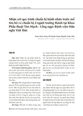 Nhận xét quy trình chuẩn bị bệnh nhân trước mổ tim hở có chuẩn bị ở người trưởng thành tại Khoa Phẫu thuật Tim Mạch - Lồng ngực Bệnh viện Hữu nghị Việt Đức