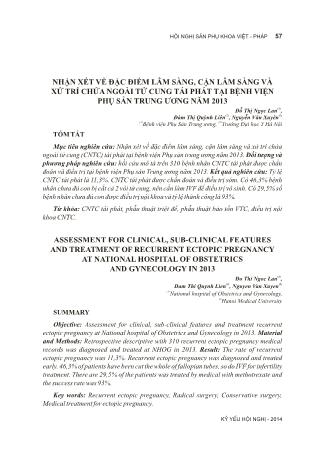 Nhận xét về đặc điểm lâm sàng, cận lâm sàng và xử trí chửa ngoài tử cung tái phát tại Bệnh viện phụ sản Trung Ương năm 2013