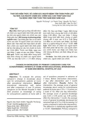 Thay đổi kiến thức về chăm sóc người bệnh tâm thần phân liệt tại nhà của người chăm sóc chính sau can thiệp giáo dục tại bệnh viện tâm thần tỉnh Nam Định năm 2020