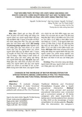 Thay đổi kiến thức về phục hồi chức năng vận động cho người chăm sóc chính người bệnh đột quỵ não tại bệnh viện y dược cổ truyền và phục hồi chức năng tỉnh Phú Thọ