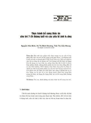 Thực hành bổ sung thức ăn cho trẻ 7-24 tháng tuổi và các yếu tố ảnh huởng Thực hành bổ sung thức ăn cho trẻ 7-24 tháng tuổi và các yếu tố ảnh huởng