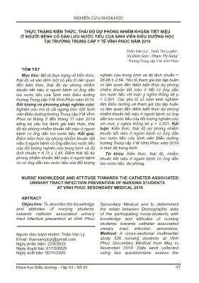 Thực trạng kiến thức, thái độ dự phòng nhiễm khuẩn tiết niệu ở người bệnh có dẫn lưu nước tiểu của sinh viên điều dưỡng học tại trường Trung cấp Y tế Vĩnh Phúc năm 2019