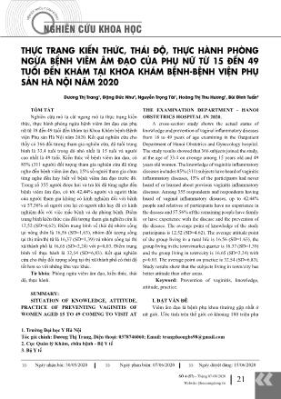 Thực trạng kiến thức, thái độ, thực hành phòng ngừa bệnh viêm âm đạo của phụ nữ từ 15 đến 49 tuổi đến khám tại khoa khám bệnh-Bệnh viện Phụ sản Hà Nội năm 2020