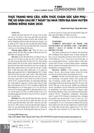 Thực trạng nhu cầu, kiến thức chăm sóc sản phụ - trẻ sơ sinh sau đẻ 7 ngày tại nhà trên địa bàn huyện Giồng Riềng năm 2020