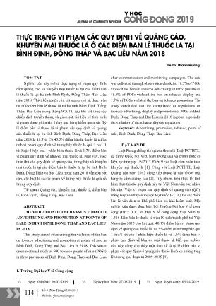 Thực trạng vi phạm các quy định về quảng cáo, khuyến mại thuốc lá ở các điểm bán lẻ thuốc lá tại Bình Định, Đồng Tháp và Bạc Liêu năm 2018