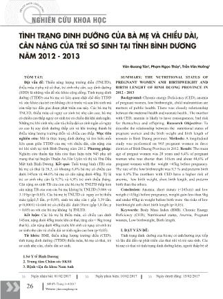 Tình trạng dinh dưỡng của bà mẹ và chiều dài, cân nặng của trẻ sơ sinh tại tỉnh Bình Dương năm 2012-2013
