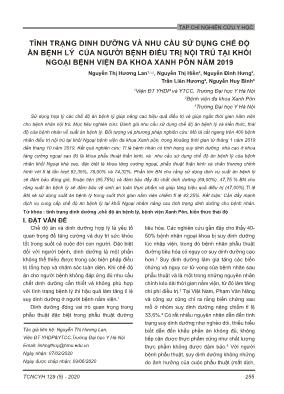 Tình trạng dinh dưỡng và nhu cầu sử dụng chế độ ăn bệnh lý của người bệnh điều trị nội trú tại khối ngoại Bệnh viện Đa khoa Xanh Pôn năm 2019
