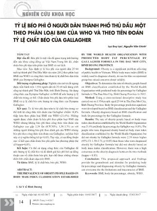 Tỷ lệ béo phì ở người dân thành phố Thủ Dầu Một theo phân loại BMI của who và theo tiên đoán tỷ lệ chất béo của gallagher