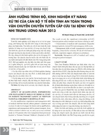 Ảnh hưởng trình độ, kinh nghiệm kỹ năng xử trí của cán bộ y tế đến tính an toàn trong vận chuyển chuyển tuyến cấp cứu tại Bệnh viện Nhi Trung ương năm 2013