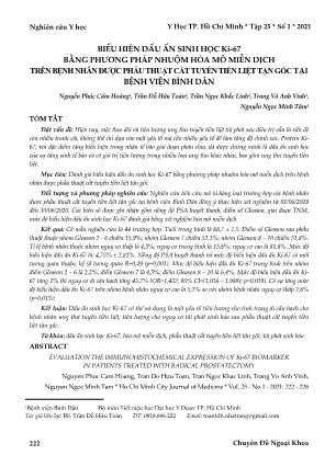 Biểu hiện dấu ấn sinh học Ki-67 bằng phương pháp nhuộm hóa mô miễn dịch trên bệnh nhân được phẫu thuật cắt tuyến tiền liệt tận gốc tại Bệnh viện Bình Dân