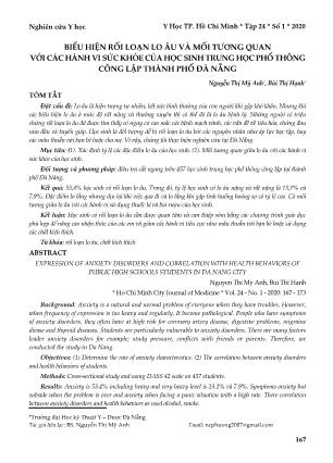 Biểu hiện rối loạn lo âu và mối tương quan với các hành vi sức khỏe của học sinh Trung học Phổ thông công lập thành phố Đà Nẵng