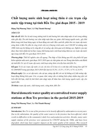 Chất lượng nước sinh hoạt nông thôn ở các trạm cấp nước tập trung tại tỉnh Bến Tre giai đoạn 2015-2019
