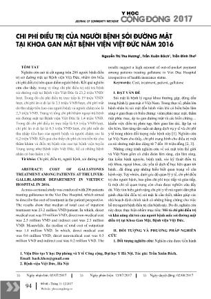 Chi phí điều trị của người bệnh sỏi đường mật tại khoa gan mật Bệnh viện Việt Đức năm 2016