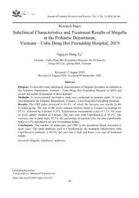 Đặc điểm cận lâm sàng và kết quả điều trị bệnh lỵ do Shigella tại Khoa Nhi, Bệnh viện Hữu nghị Việt Nam Cuba Đồng Hới năm 2019