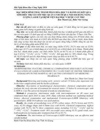 Đặc điểm hình thái, thành phần hóa học và đánh giá kết quả sớm điều trị tán sỏi niệu quản 1/3 dưới qua nội soi bằng năng lượng laser tại Bệnh viện Đại học Y Dược Cần Thơ