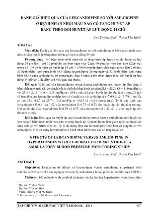 Đánh giá hiệu quả của lercanidipine so với amlodipine ở bệnh nhân nhồi máu não có tăng huyết áp bằng theo dõi huyết áp lưu động 24 giờ