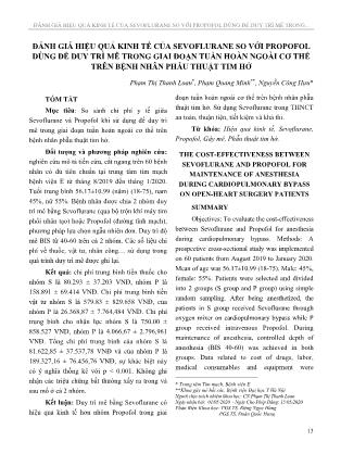 Đánh giá hiệu quả kinh tế của Sevoflurane so với Propofol dùng để duy trì mê trong giai đoạn tuần hoàn ngoài cơ thể trên bệnh nhân phẫu thuật tim hở