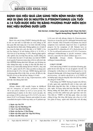 Đánh giá hiệu quả lâm sàng trên bệnh nhân viêm mũi dị ứng do dị nguyên D.pteronyssinus lứa tuổi 6-14 tuổi được điều trị bằng phương pháp miễn dịch đặc hiệu đường dưới lưỡi